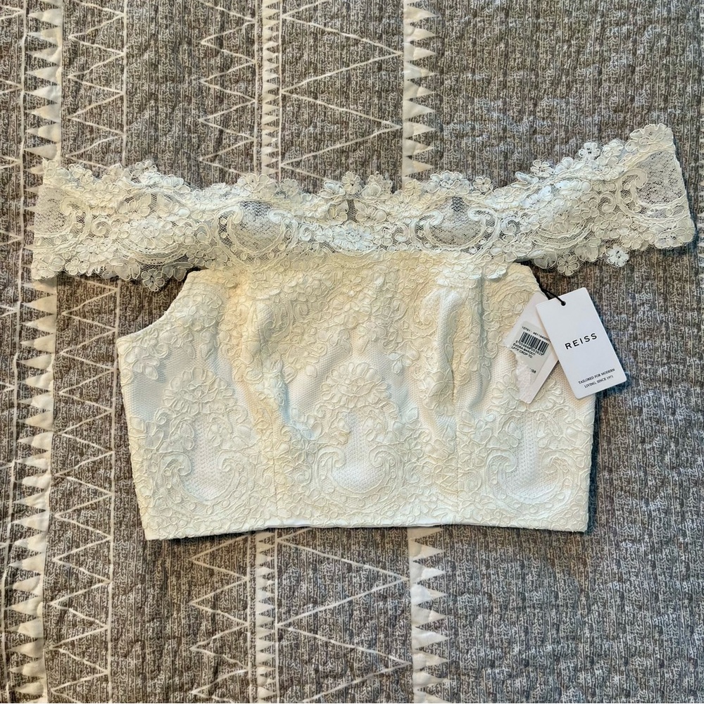 Reiss Evora Bardot Lace Off Shoulder Crop Top White NWT Size 8 Bridal - Picture 2 of 11
